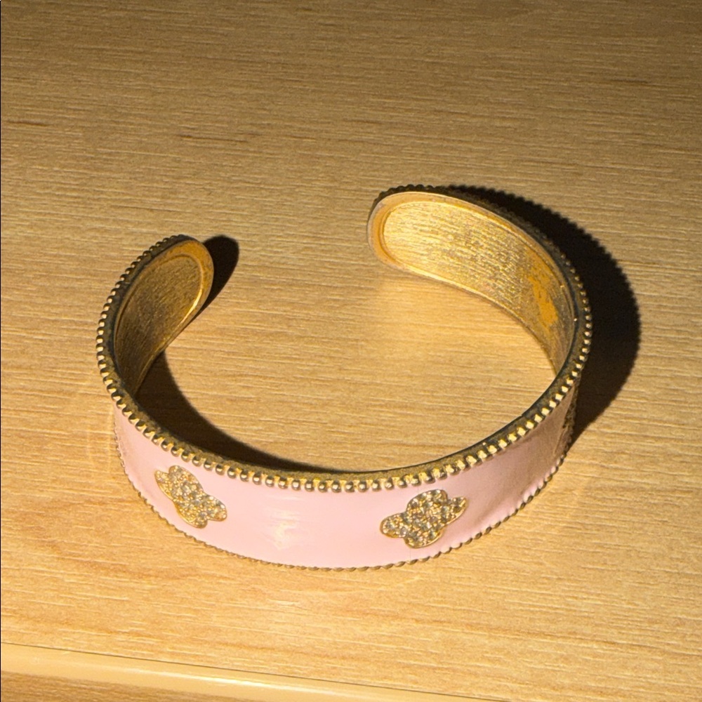 Gold-Tone Pink Cuff Bracelet with Crystal Clover Accents